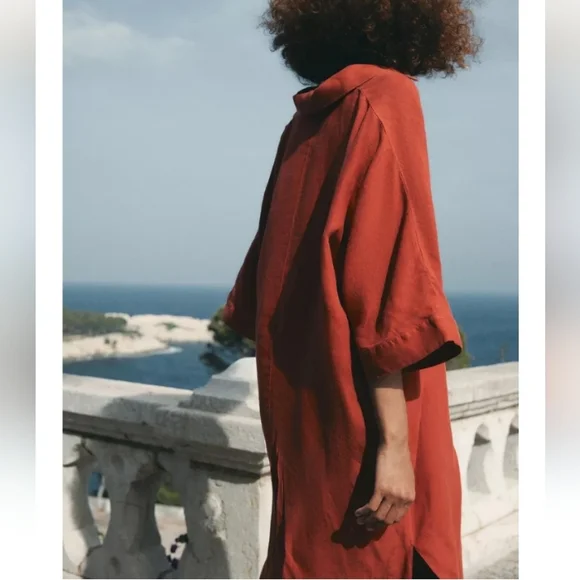 Zara Zw Collection 100% Linen Rust Red Oversized Tunic Dress - Picture 4 of 11